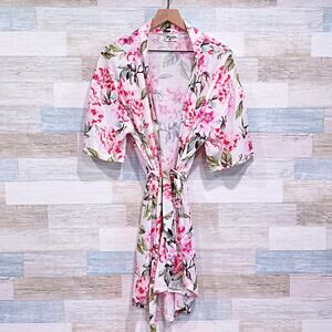 Show Me Your Mumu Floral Kimono Robe White Pink Belted Womens OS One Size